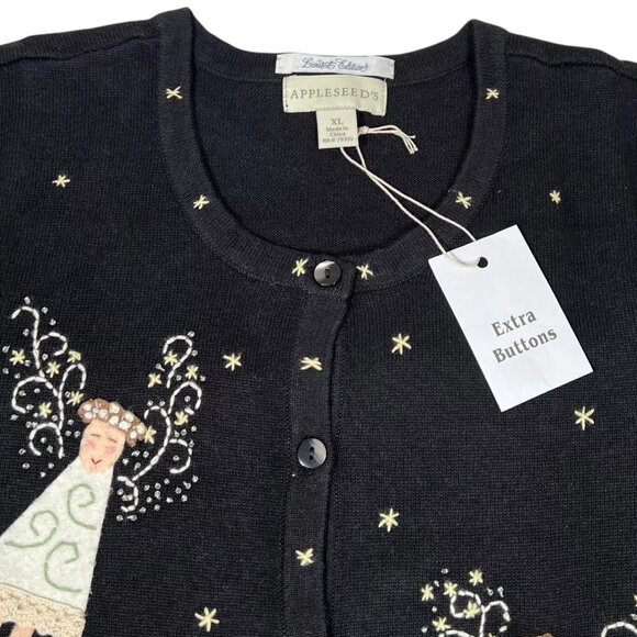 Limited Edition Appleseed's Womens Black Christmas Angels Cardigan Sweater Sz XL - Picture 7 of 16